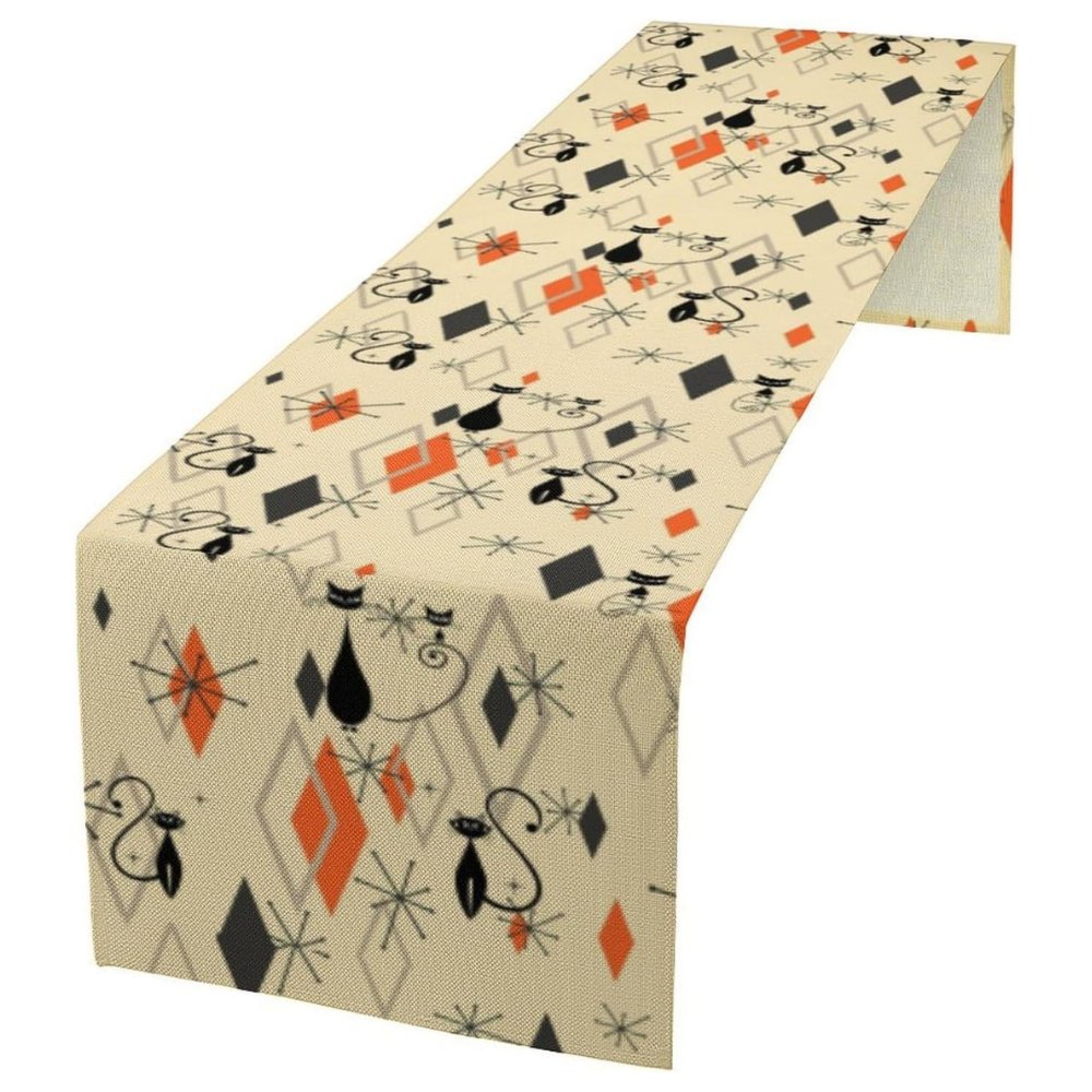 Sailorine cream table runner with black and orange retro-style illustrations