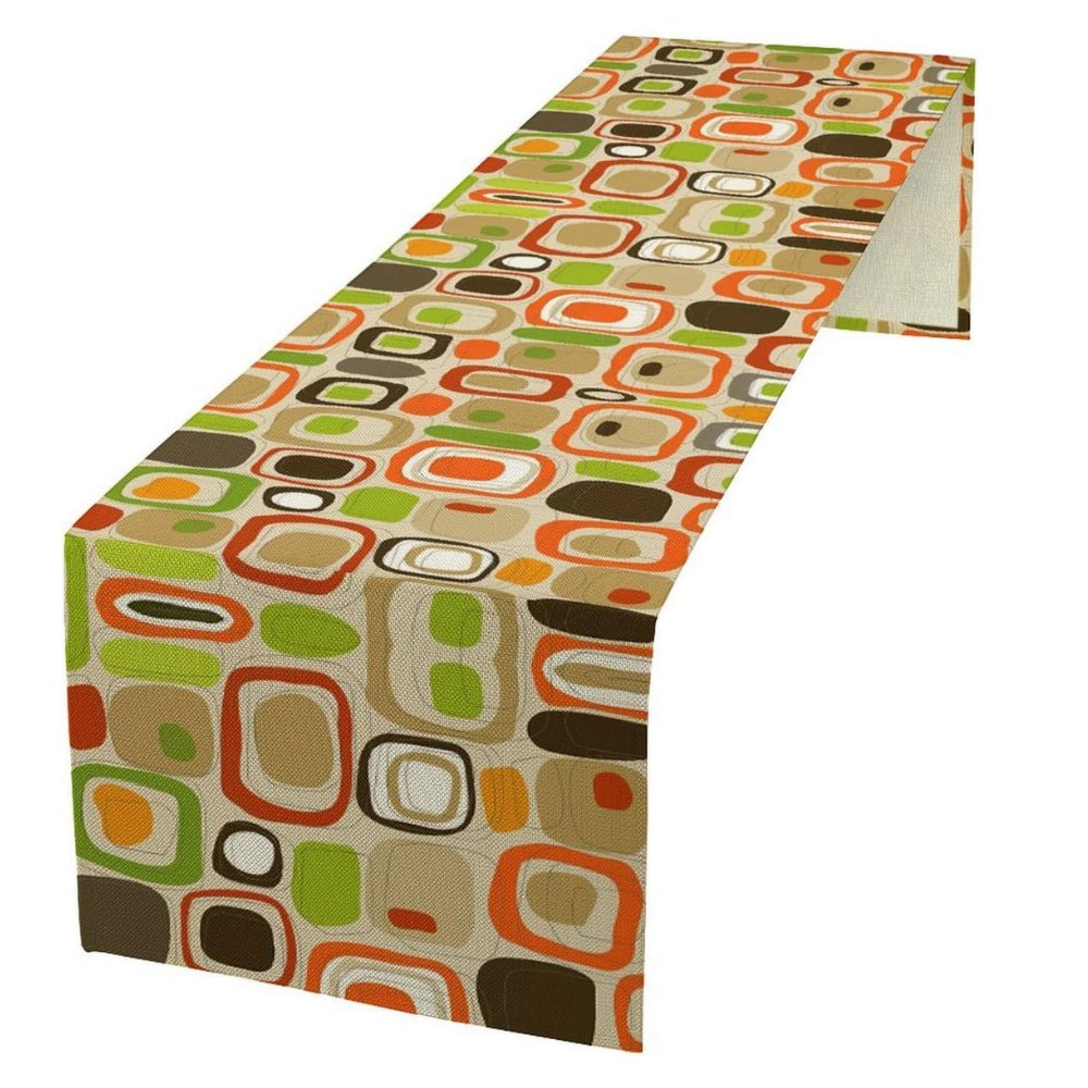 Sailorine table runner with orange, green and brown rounded geometric shapes