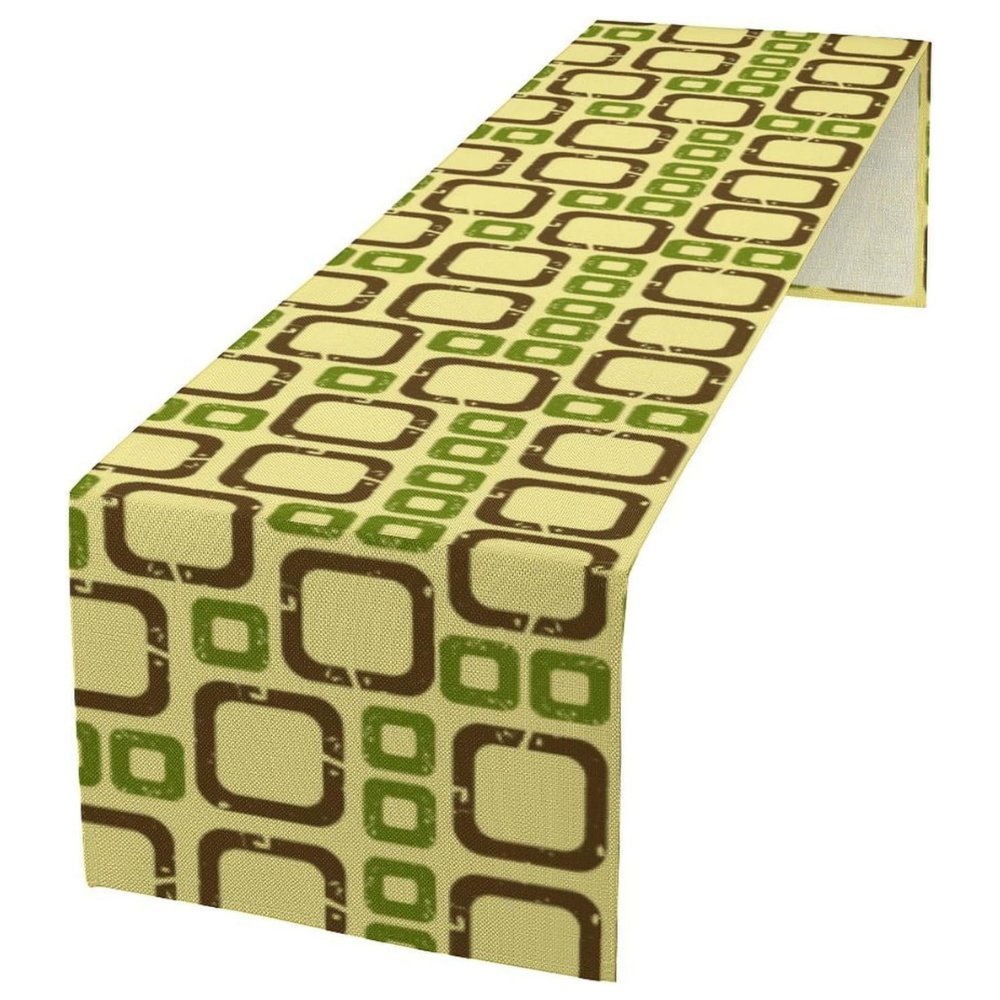 Sailorine yellow-green table runner with interlocking brown geometric outlines