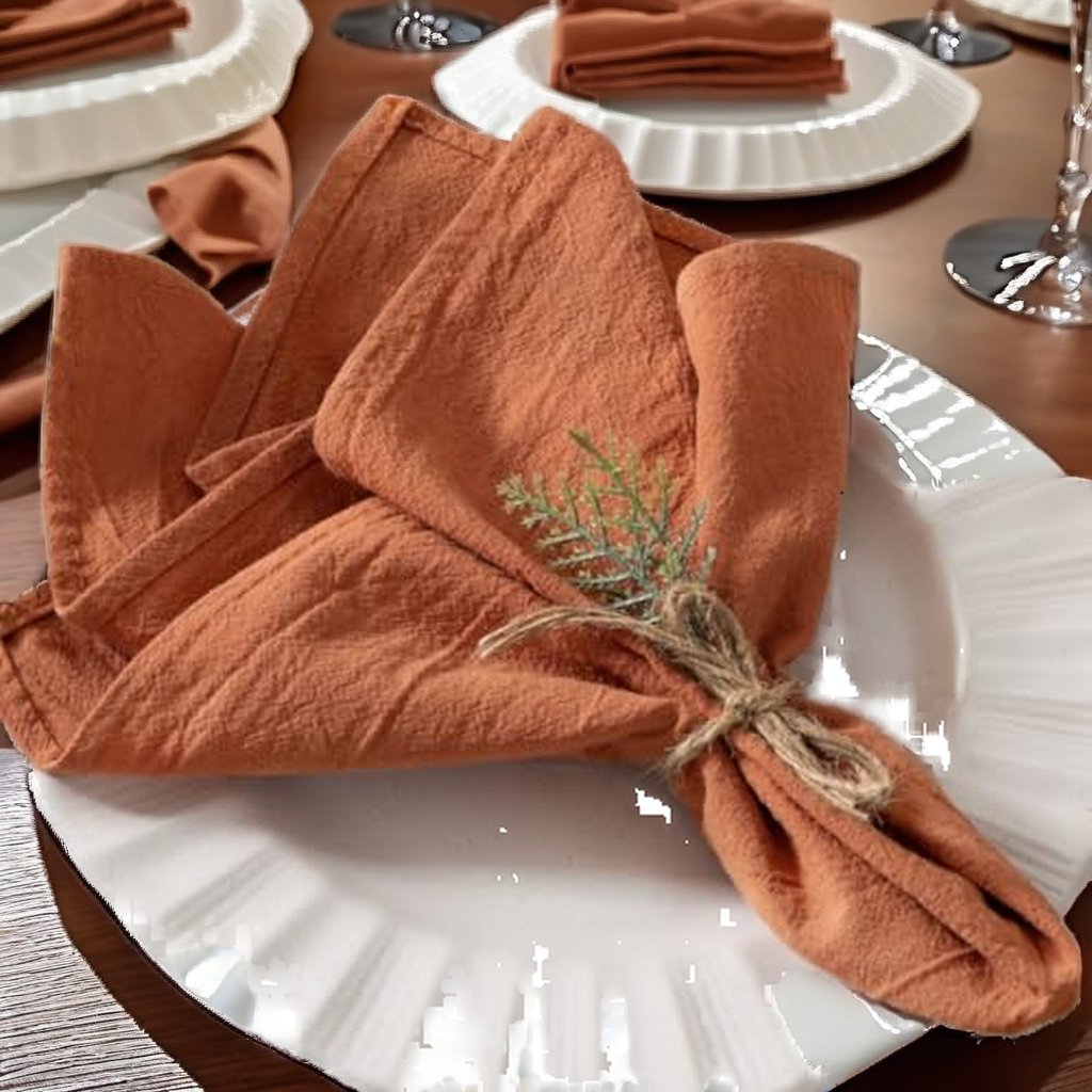 Sailorine rust-colored napkin tied with twine on a white plate
