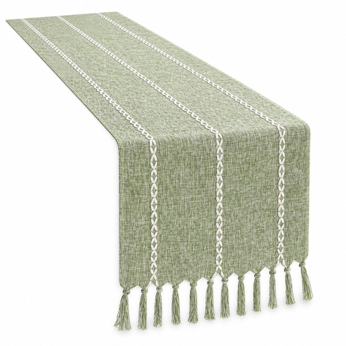 Sailorine green woven table runner with white linear accents and tassels