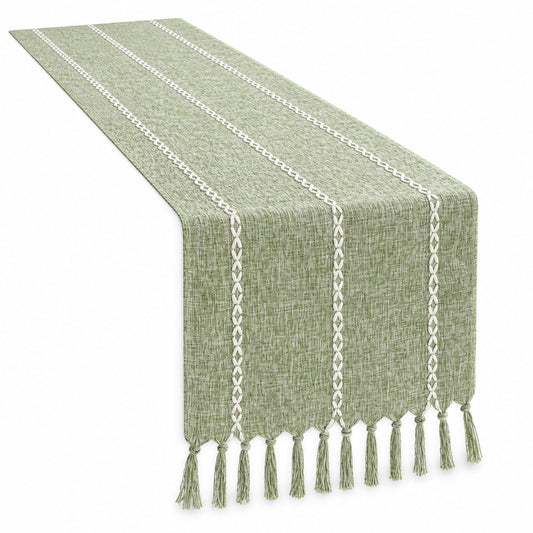 Sailorine green woven table runner with white linear accents and tassels