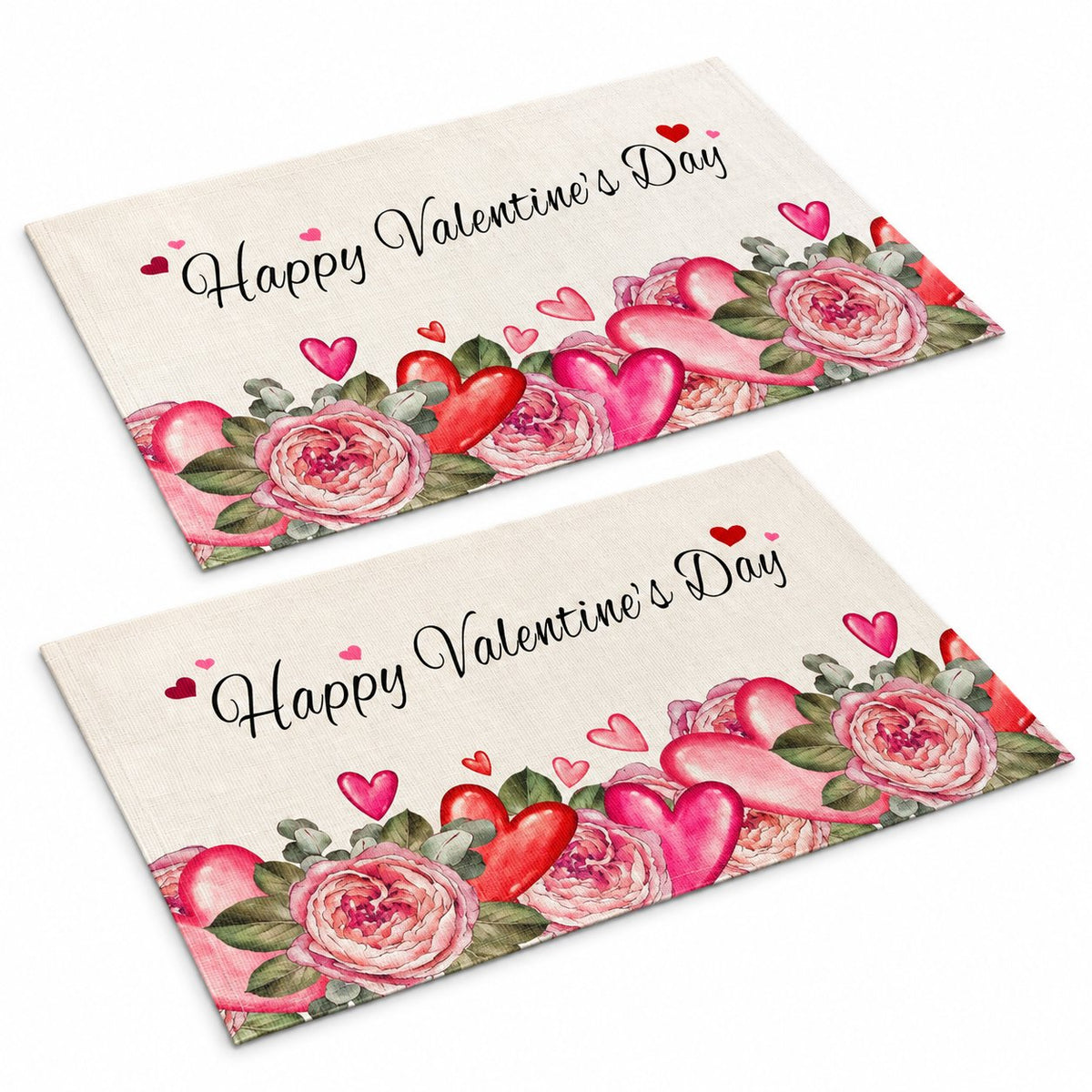 Sailorine cream placemats printed with pink hearts, roses and Valentine's Day lettering