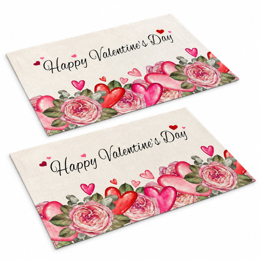 Sailorine cream placemats printed with pink hearts, roses and Valentine's Day lettering