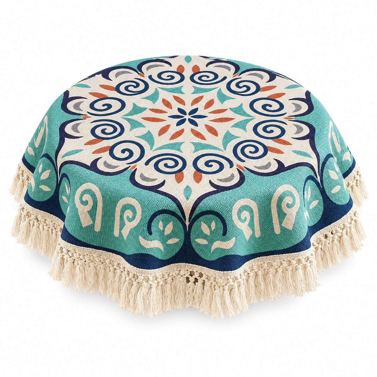 Sailorine round fringed tablecloth with a turquoise and coral circular pattern