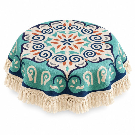 Sailorine round fringed tablecloth with a turquoise and coral circular pattern