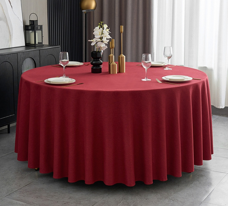 Sailorine red round tablecloth in a dining room setting