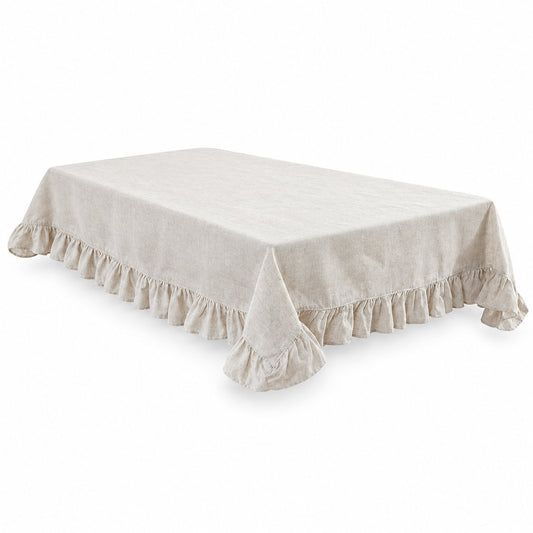 Sailorine white rectangular tablecloth with a ruffled hem