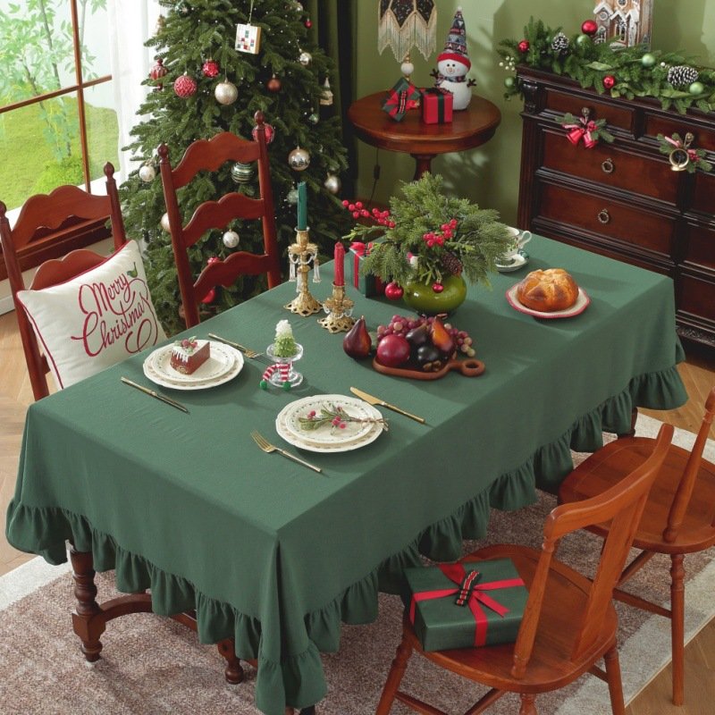 Sailorine green ruffle-edged tablecloth in a holiday table setting