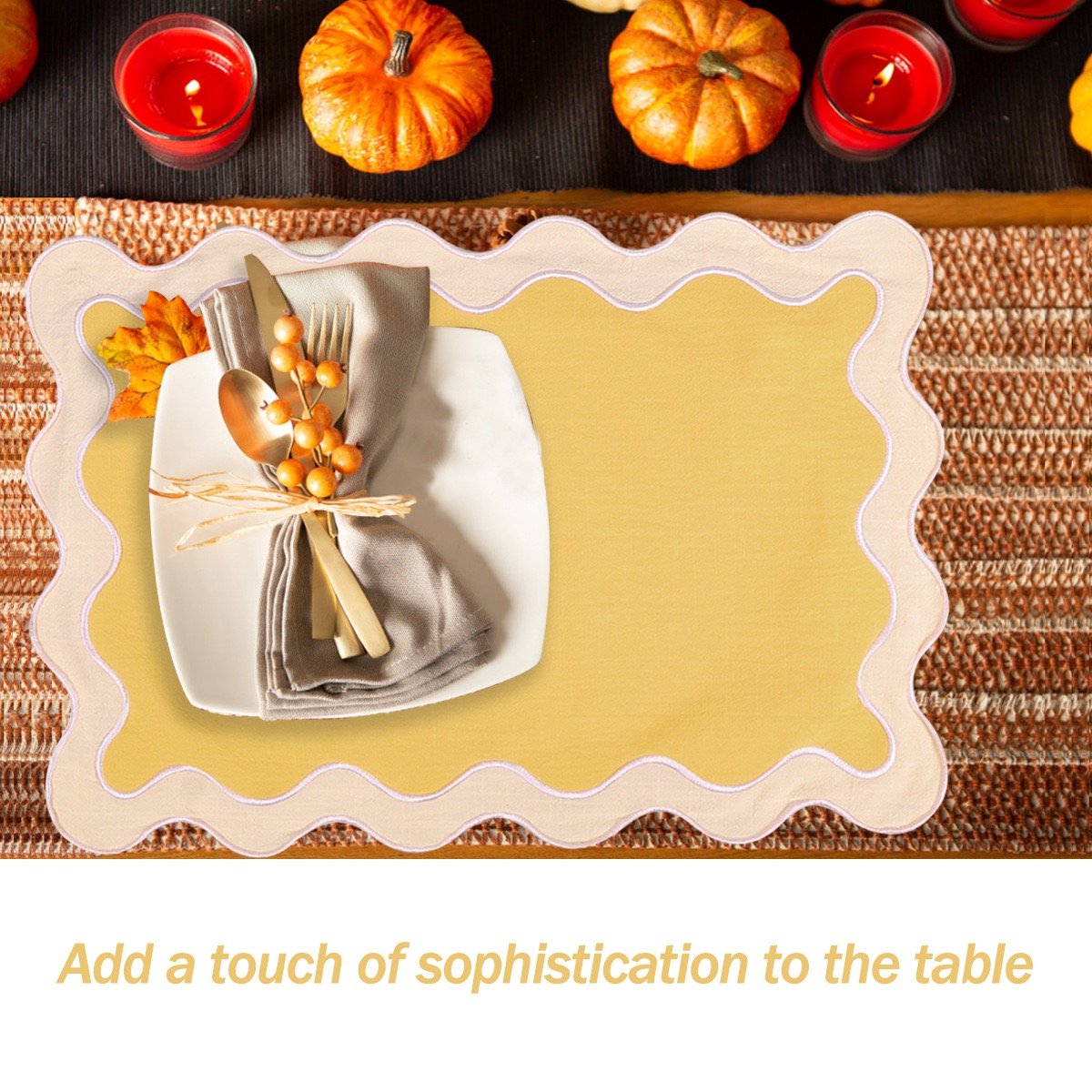 Sailorine yellow scalloped placemat in a fall-themed table setting