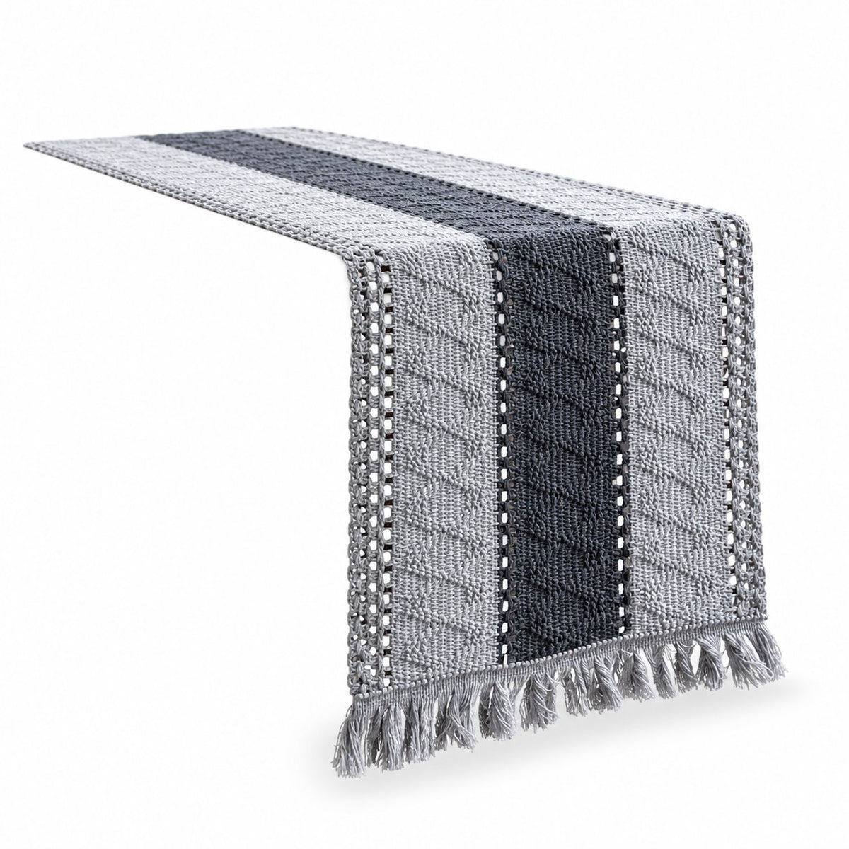 Sailorine gray table runner with a dark central stripe and fringed end