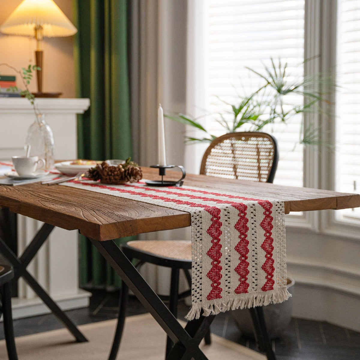 Sailorine cream table runner with red stripes in a dining room setting