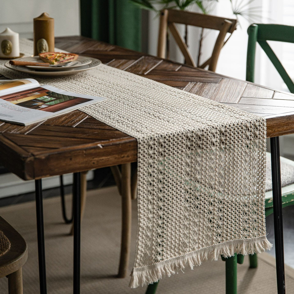 Sailorine light woven table runner with fringe on a wooden table