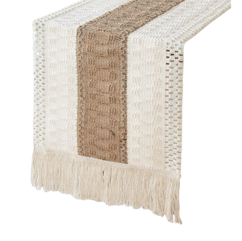 Sailorine cream table runner with a brown center stripe and fringed end