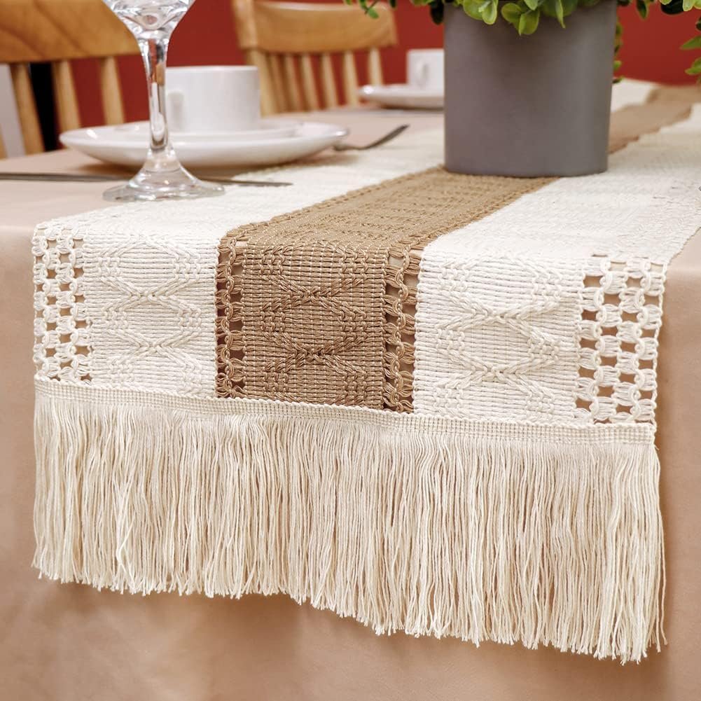 Sailorine striped cream-and-brown table runner beneath a vase on a dining table