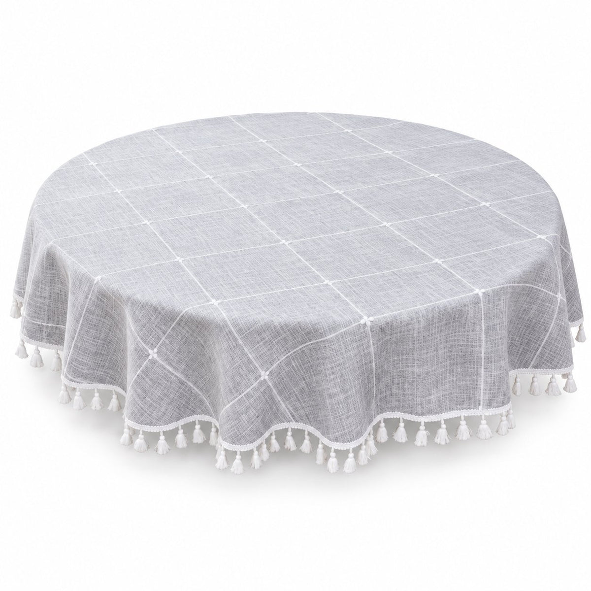 Sailorine gray round tablecloth with a white grid and tasseled edge