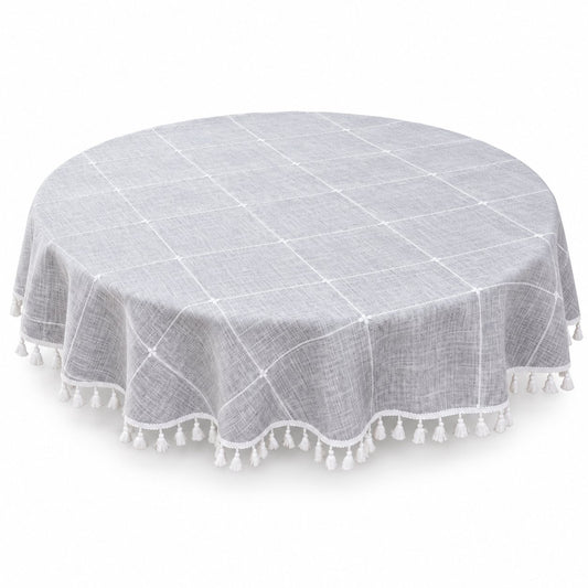 Sailorine gray round tablecloth with a white grid and tasseled edge