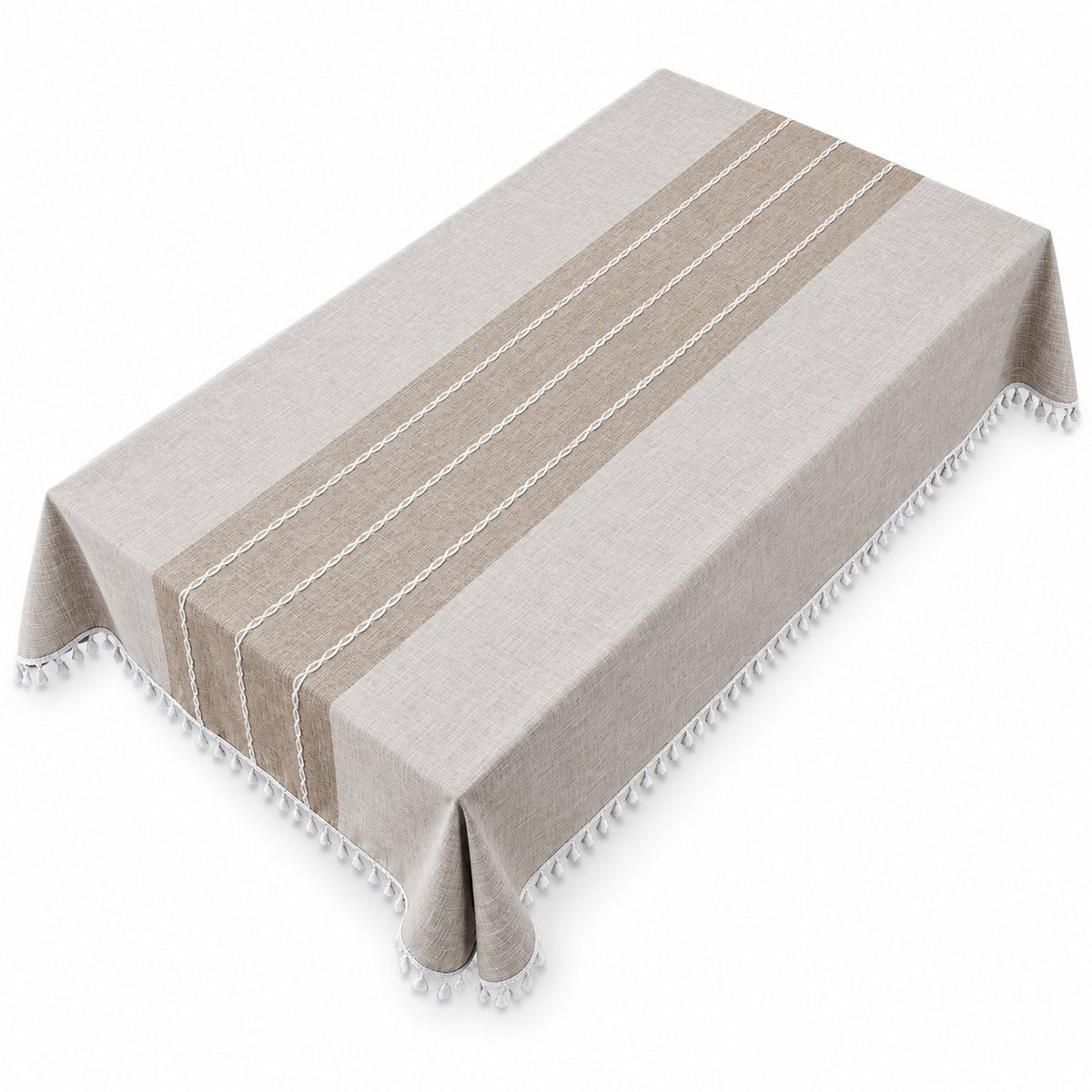 Sailorine beige rectangular tablecloth with a striped center and fringe