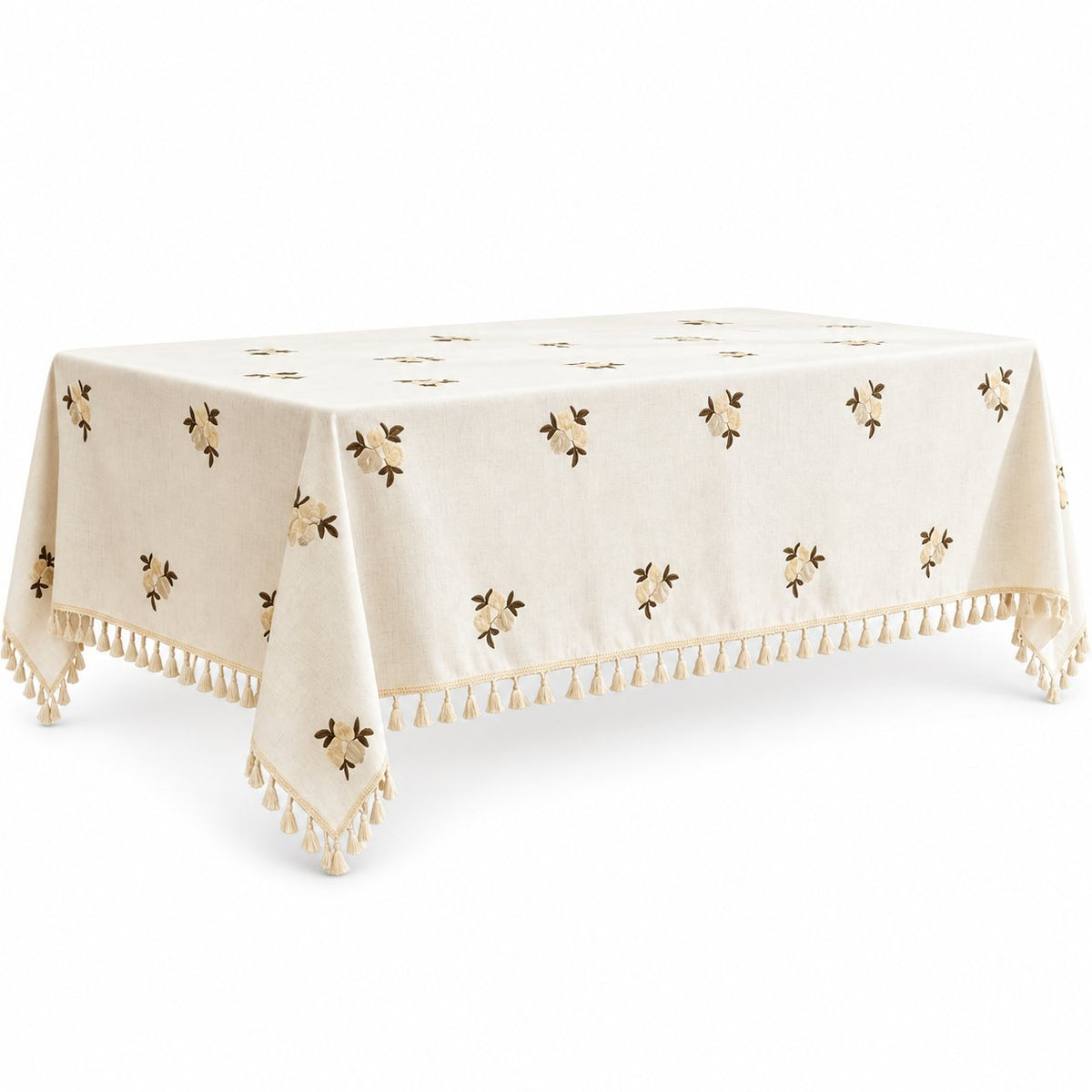 Sailorine cream rectangular tablecloth with small floral motifs and tassels