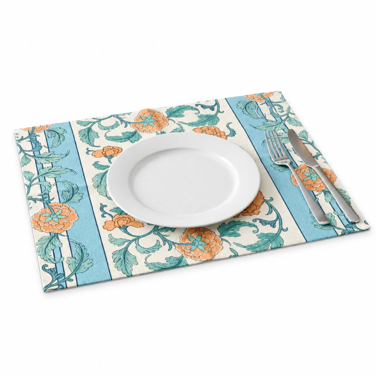 Sailorine turquoise floral placemat shown beneath a white plate
