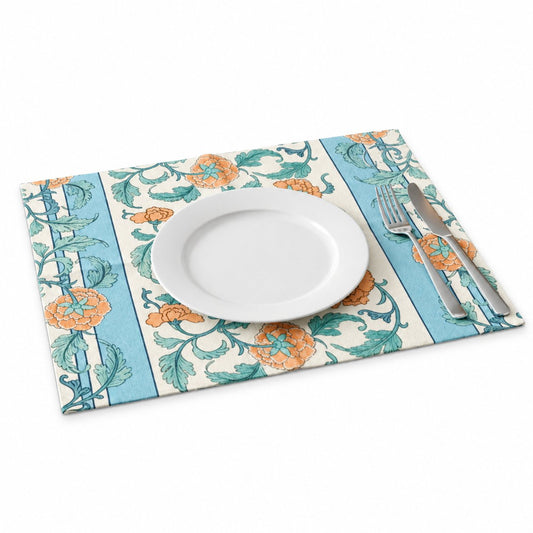 Sailorine turquoise floral placemat shown beneath a white plate