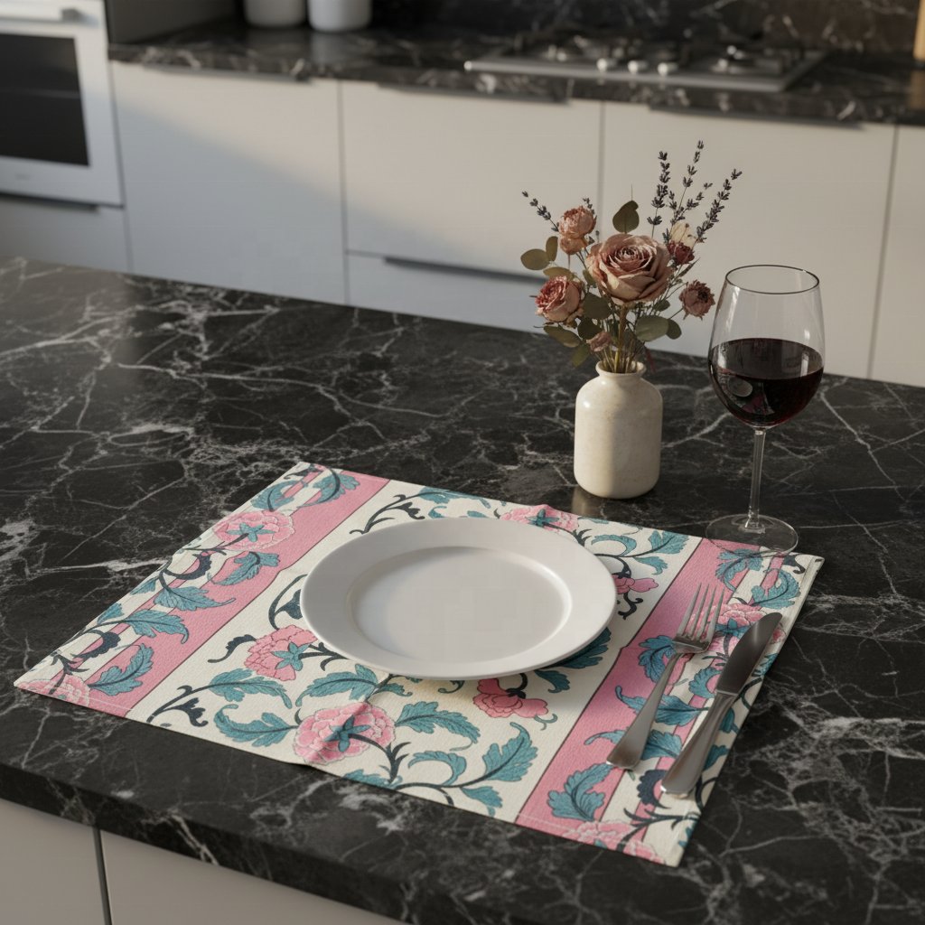 Sailorine pink floral placemat on a dark countertop with a plate and glass