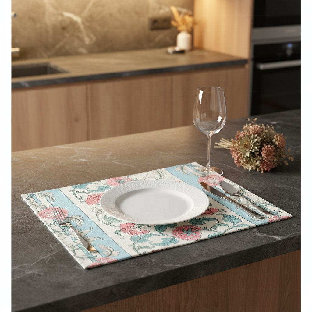 Sailorine turquoise floral placemat in a kitchen counter setting