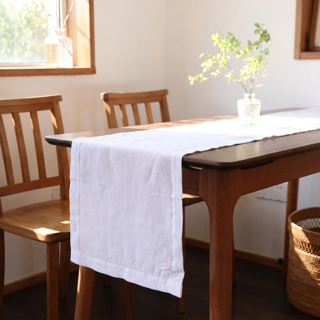 Sailorine white table runner on a wooden table beside a bright window