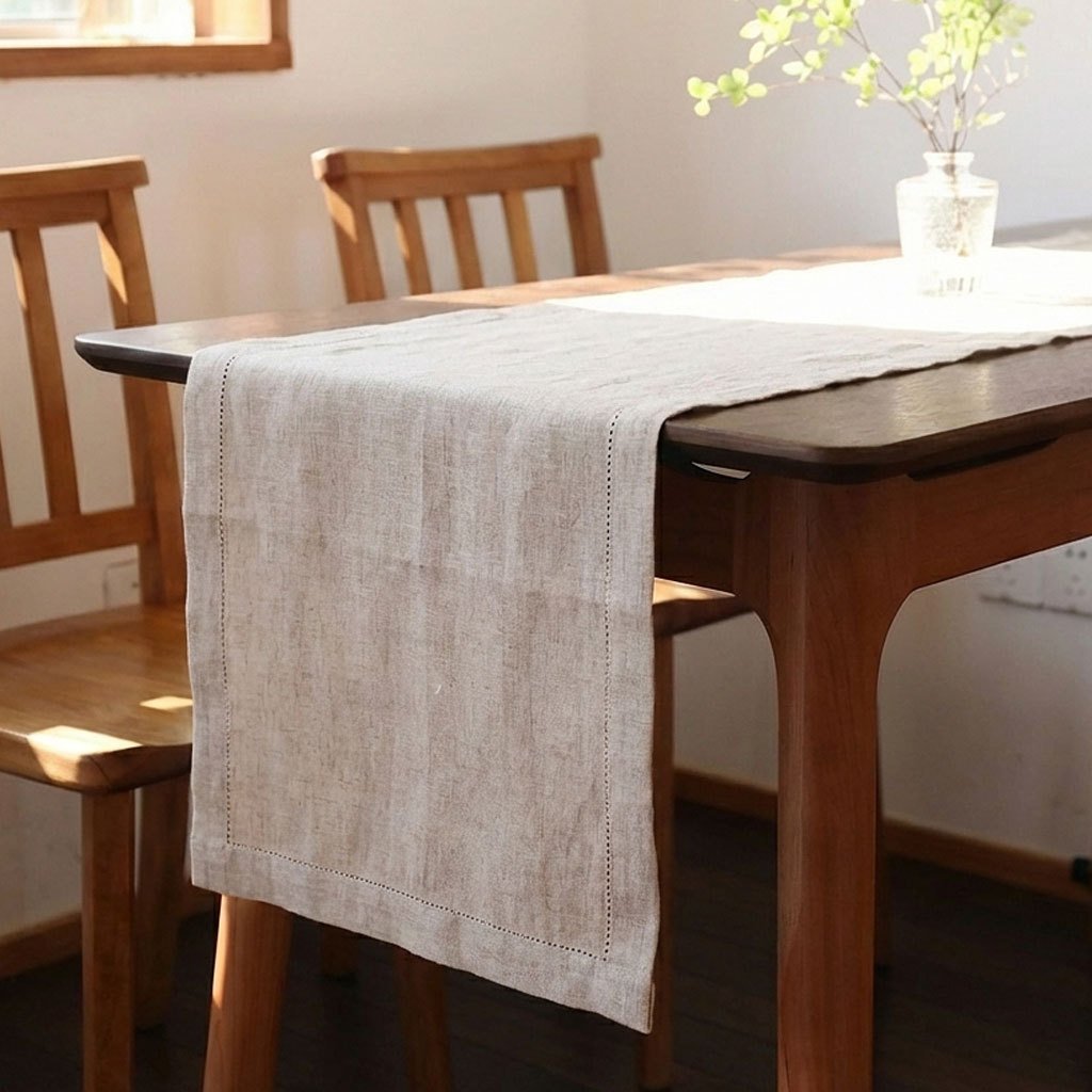 Sailorine natural beige table runner draped over a dining table